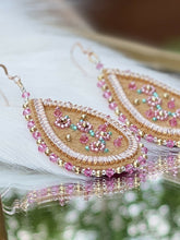 Load image into Gallery viewer, Teardrop shaped w/ size 15 rose flowers on moose skin and 24k gold plated cubic zirconia crystal chain, 2 mm gold beads, 2 mm rose Swarovski crystals, sz 15 sterling silver beads, backed w/ dyed rose fish. On rose gold filled hooks.