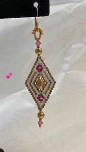 Size 15 delica hex Gold with fuchsia, diamond duos, Swarovski rose crystals, Swarovski gold pearls, 24k seed beads on gold filled hooks.