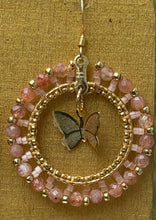 Load image into Gallery viewer, Peach Moonstone and gold butterflies hoop earrings w/gold beads size 15&amp;11, satin. On gold hooks