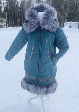 Women’s Large Teal velvet, 10.5 oz lining, and silver fox fur