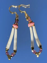 Load image into Gallery viewer, Dentalium shells with Rose Swarovski and Japanese crystals (2 sizes), gold drop bead and 3 hole oval bead. On gold plated hooks.
