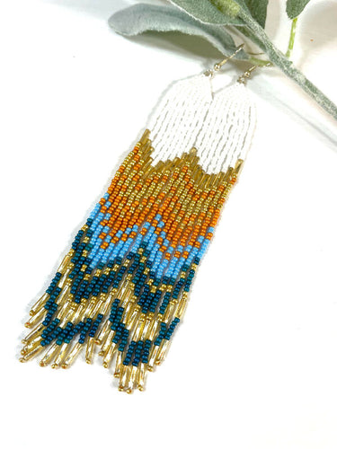 Auntie White Top Brick Stitch with Fringe Beaded Earrings