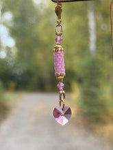 Load image into Gallery viewer, Pink Swarovski Crystal heart w/gold and pink peyote tube earrings