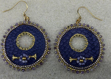 Load image into Gallery viewer, Purple dyed fish skin w/zirconia flowers, zirconia chain, sz 15 gold beads, 2mm amethyst stones. Backed w/moose skin.