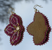 Load image into Gallery viewer, Pink and gold floral fish skin earrings with porcupine quills. With gold &amp; ruby opal sheen charlotte cut beads, satin beads, gold bugles, Swarovski crystals. Backed w/ mooseskin and hung on gold hooks.