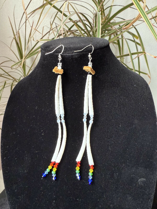 Dentalium earrings - rainbow and crystal - double decker