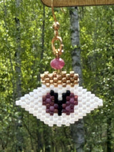 Load image into Gallery viewer, Maahundahnee shaped peyote stitched earrings, faceted tourmaline stones, in gold &amp; metallic tea berry gold iris delicas. On gold hooks