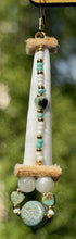 Load image into Gallery viewer, Turquoise coin beads, African turquoise heart beads, moonstone, 24k gold Czech true cut seed beads, charlotte cut turquoise and white seed beads on dentalium and moose skin. On gold hooks.