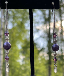 Swarovski crystals, sterling silvers, Swarovski pearls, frosted drop beads on sterling silver earring thread