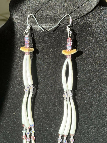 Dentalium earrings - Blush and Bashful - triple decker