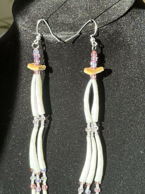 Dentalium earrings - Blush and Bashful - triple decker