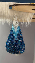 Load image into Gallery viewer, 3rd cut Czech beads in white and blues, 2 drop peyote stitch earrings with silver rose embellishment. On silver hooks.
