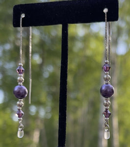 Swarovski crystals, sterling silvers, Swarovski pearls, frosted drop beads on sterling silver earring thread