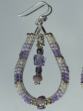 Load image into Gallery viewer, Swarovski lilac butterfly centers w/charlotte cut silver, purple, lilac, pearl beads and column purple faceted beads. On silver hooks with crystal embellishment.
