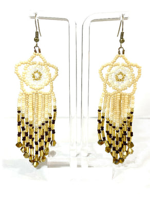 Gold and Faux Ivory Flower Top with Fringe Beaded Earrings