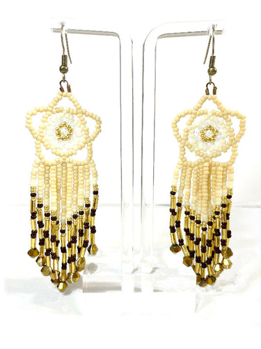 Gold and Faux Ivory Flower Top with Fringe Beaded Earrings