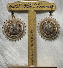 Load image into Gallery viewer, *Dazzling*sparkling* beauties on moose skin, backed w/dyed white salmon skin w/ gold. Encircled and edged w/sz 11 true cut 24k gold plated seeds and Charlotte cut alabaster opaque seeds. Also encircled with 3A grade cubic zirconia baguette chain banding