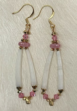 Load image into Gallery viewer, Dentalium shells with Rose Swarovski and Japanese crystals (2 sizes), gold drop bead and 3 hole oval bead. On gold plated hooks.