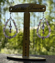 Load image into Gallery viewer, Swarovski lilac butterfly centers w/charlotte cut silver, purple, lilac, pearl beads and column purple faceted beads. On silver hooks with crystal embellishment.