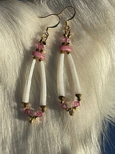 Load image into Gallery viewer, Dentalium shells with Rose Swarovski and Japanese crystals (2 sizes), gold drop bead and 3 hole oval bead. On gold plated hooks.