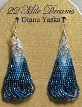 Load image into Gallery viewer, 3rd cut Czech beads in white and blues, 2 drop peyote stitch earrings with silver rose embellishment. On silver hooks.