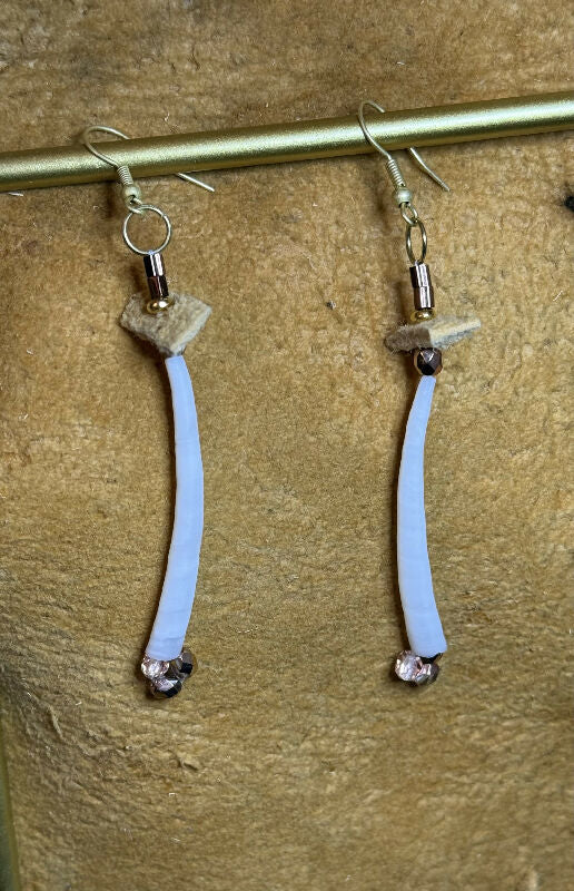Dentalium earrings w bronze beads and traditionally tanned mooseskin
