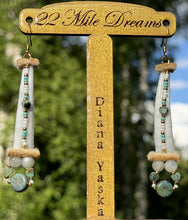 Load image into Gallery viewer, Turquoise coin beads, African turquoise heart beads, moonstone, 24k gold Czech true cut seed beads, charlotte cut turquoise and white seed beads on dentalium and moose skin. On gold hooks.