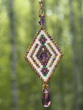 Load image into Gallery viewer, Diamond shaped peyote stitched earrings w/Amethyst Swarovski in 3 sizes, delicas in pink gold iris ab &amp; metallic tea berry gold iris