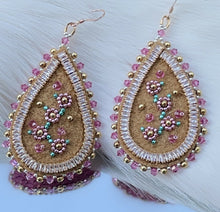 Load image into Gallery viewer, Teardrop shaped w/ size 15 rose flowers on moose skin and 24k gold plated cubic zirconia crystal chain, 2 mm gold beads, 2 mm rose Swarovski crystals, sz 15 sterling silver beads, backed w/ dyed rose fish. On rose gold filled hooks.