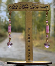 Load image into Gallery viewer, Pink Swarovski Crystal heart w/gold and pink peyote tube earrings