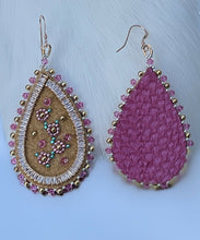 Load image into Gallery viewer, Teardrop shaped w/ size 15 rose flowers on moose skin and 24k gold plated cubic zirconia crystal chain, 2 mm gold beads, 2 mm rose Swarovski crystals, sz 15 sterling silver beads, backed w/ dyed rose fish. On rose gold filled hooks.