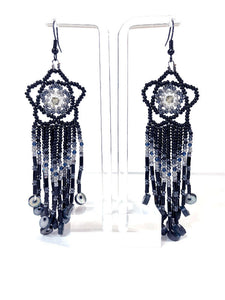 Black Flower Top with Fringe Beaded Earrings