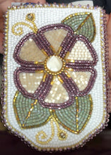 Load image into Gallery viewer, Gold, Satin tri cut beaded card holder, mother of pearl center, backed with moose skin