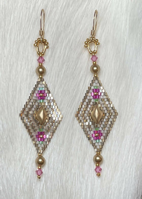 Size 15 delica hex Gold with fuchsia, diamond duos, Swarovski rose crystals, Swarovski gold pearls, 24k seed beads on gold filled hooks.