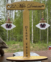 Load image into Gallery viewer, Maahundahnee shaped peyote stitched earrings, faceted tourmaline stones, in gold &amp; metallic tea berry gold iris delicas. On gold hooks