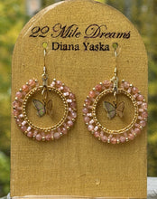 Load image into Gallery viewer, Peach Moonstone and gold butterflies hoop earrings w/gold beads size 15&amp;11, satin. On gold hooks