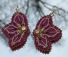Load image into Gallery viewer, Pink and gold floral fish skin earrings with porcupine quills. With gold &amp; ruby opal sheen charlotte cut beads, satin beads, gold bugles, Swarovski crystals. Backed w/ mooseskin and hung on gold hooks.