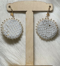Load image into Gallery viewer, *Dazzling*sparkling* beauties on moose skin, backed w/dyed white salmon skin w/ gold. Encircled and edged w/sz 11 true cut 24k gold plated seeds and Charlotte cut alabaster opaque seeds. Also encircled with 3A grade cubic zirconia baguette chain banding