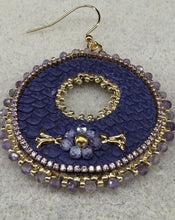 Load image into Gallery viewer, Purple dyed fish skin w/zirconia flowers, zirconia chain, sz 15 gold beads, 2mm amethyst stones. Backed w/moose skin.