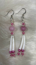 Load image into Gallery viewer, Rose Swarovski crystals with natural round stone bead, fuchsia pearls, sterling silver beads and Dentalium. On hypoallergenic hooks.
