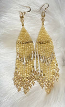 Load image into Gallery viewer, Gold gold gold and crystal fringe earrings. All 24k…bugles and mini bugles, size 15 seed beads, honeycomb charlotte cut beads and Swarovski crystals. On gold filled hooks.