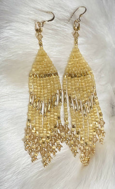 Gold gold gold and crystal fringe earrings. All 24k…bugles and mini bugles, size 15 seed beads, honeycomb charlotte cut beads and Swarovski crystals. On gold filled hooks.