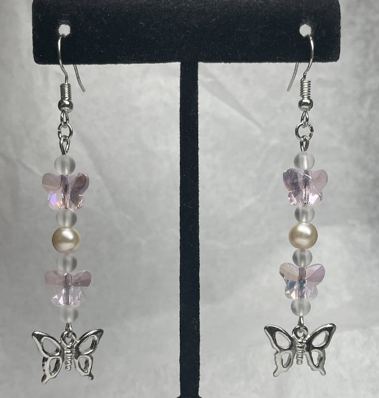 Pale pink glass and silver butterfly earrings w/quartz and pearls. On surgical steel hooks