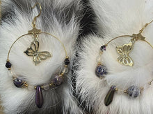 Load image into Gallery viewer, Gold butterfly hoop earring with purple and gold cloisonné round beads and gold bead caps, matte crystal quartz, Australian crystals, purple iris daggers and 24k gold seed beads. On gold filled hooks.