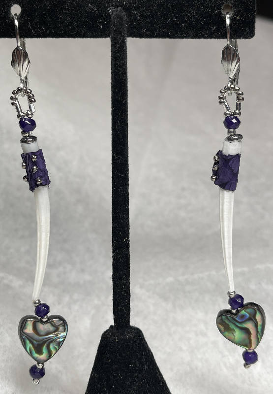 Abalone heart Dentalium earrings w/fish skin accented with size 11 & 15 silver plated beads and dark orchid jade beads.