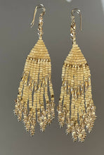 Load image into Gallery viewer, Gold gold gold and crystal fringe earrings. All 24k…bugles and mini bugles, size 15 seed beads, honeycomb charlotte cut beads and Swarovski crystals. On gold filled hooks.