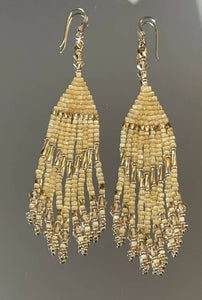 Gold gold gold and crystal fringe earrings. All 24k…bugles and mini bugles, size 15 seed beads, honeycomb charlotte cut beads and Swarovski crystals. On gold filled hooks.