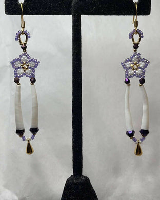 24k gold purple and white Charlotte cut Size 15 stars with 2 sizes of crystals, smooth dentalium, gold teardrop ornament hung on 24k gold filled hooks. Measures 3” top to bottom