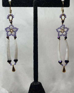 24k gold purple and white Charlotte cut Size 15 stars with 2 sizes of crystals, smooth dentalium, gold teardrop ornament hung on 24k gold filled hooks. Measures 3” top to bottom