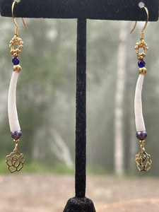 Dentalium earrings with pearls and faceted beads, 24k gold beads in 3 sizes and gold rose dangle. On gold filled hooks